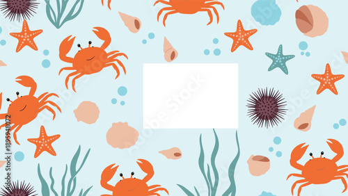 Light blue background with a central white rectangle surrounded by sea life like crabs, starfish, shells, and sea urchins for a marine theme.
