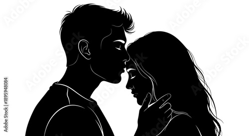 A romantic couple sharing a tender moment in black silhouette