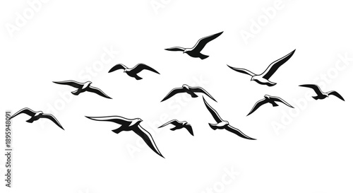 A flock of birds flying in formation against a white background