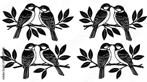 black and white illustration of birds kissing on a tree branch with leaves