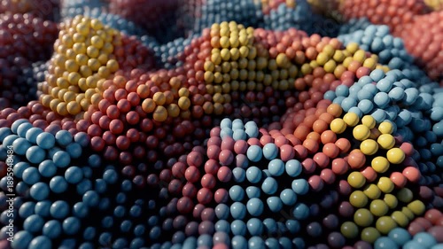 A close-up view reveals a field of spherical shapes in various colors, arranged in a visually engaging, undulating pattern