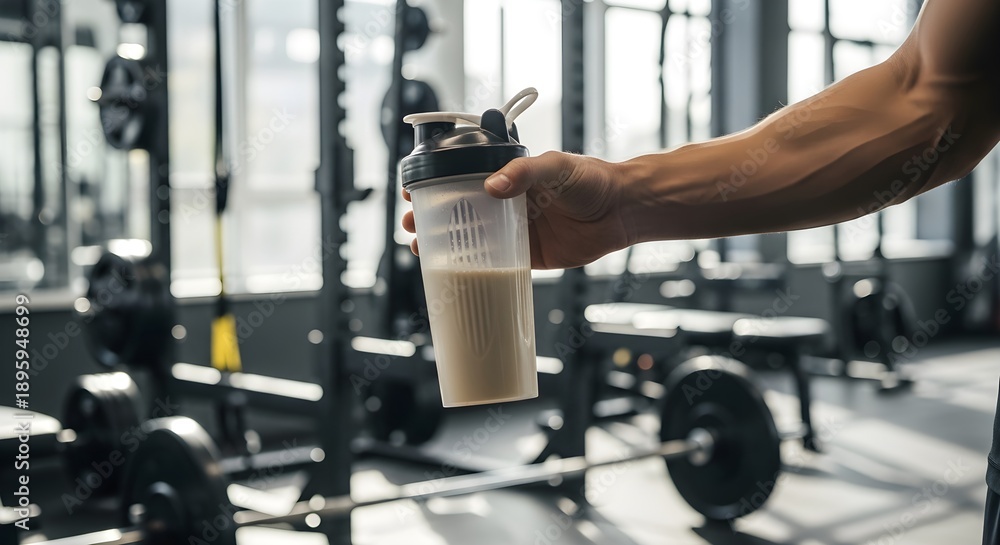 Fototapeta premium A Person Holds a Protein Shake at The Gym for Bodybuilding and Fitness Training