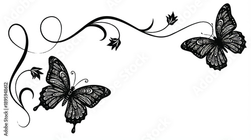 black butterflies and leaves on white background