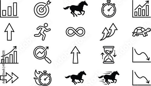 Business growth and performance vector icon set featuring speed, progress, arrows, charts, targets, productivity and efficiency improvement concepts in modern line style
