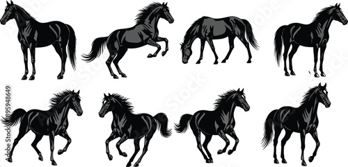 Collection of Eight Detailed Black Silhouettes Featuring Galloping Rearing and Standing Horses in Various Dynamic Poses for Equestrian Sports and Western Nature Designs