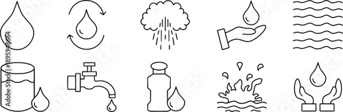 Water icon set. Hygiene, ecology, recycling, and more. Collection with outline style. Vector illustration.