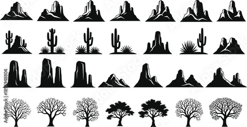 Collection of Detailed Black Silhouettes Featuring Desert Mountains Rocky Canyons Saguaro Cacti and Various Deciduous Trees for Nature Landscape and Wild West Graphic Designs