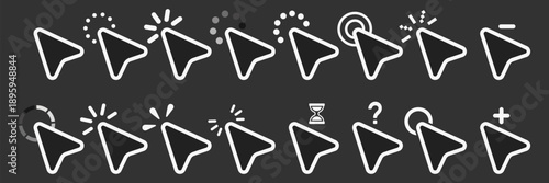 Mouse cursor pointer icons with loading waiting and action symbols vector outline ui interface set on transparent background