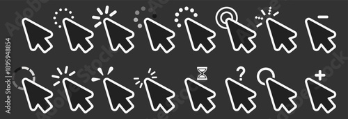 Mouse cursor pointer icons with loading waiting and action symbols vector outline ui interface set on transparent background