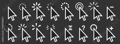 Mouse cursor pointer icons with loading waiting and action symbols vector outline ui interface set on transparent background