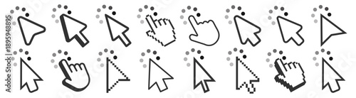 Cursor mouse pointer click icons with loading waiting and action symbols vector outline ui interface set on transparent background