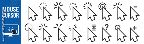 Cursor mouse pointer icon collection with progress rotate help and add symbols vector outline interface ui set on transparent background