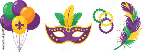Vibrant Mardi Gras festival typography featuring a green masquerade mask with purple feathers and a decorative fleur de lis symbol isolated on white background