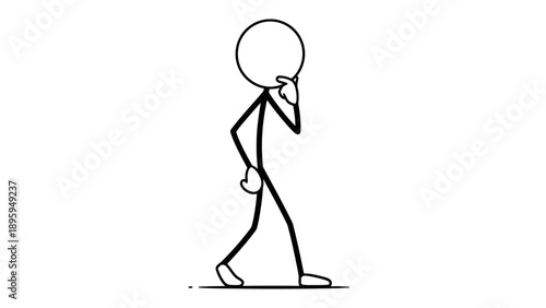Simple stick figure walking and talking on mobile phone.