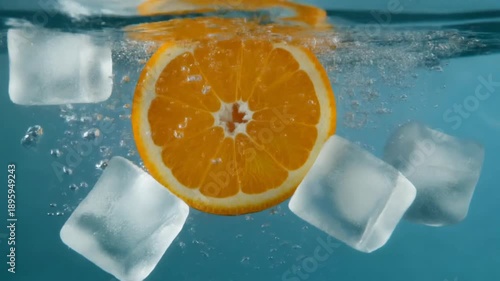 A cross-section of an orange drops into water with ice cubes, creating bubbles and movement. A vibrant, refreshing composition