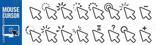 Cursor mouse pointer icon collection with progress rotate help and add symbols vector outline interface ui set on transparent background