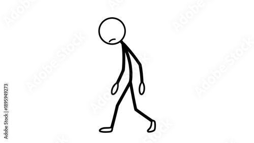 Simple stick figure walking with a sad expression on a white background.