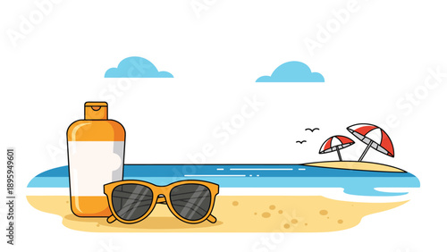 Beach holiday items including a bottle of sunscreen and sunglasses on the sand with a distant island under the blue summer sky for travel.
