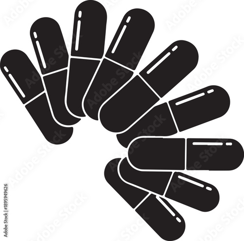 Medical capsule pill icon collection arranged in circular fan layout showing pharmaceutical medicine healthcare supplements vitamin tablets