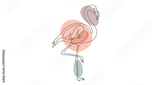 Minimalist flamingo line art illustration incorporates abstract organic shapes in pink green and mauve for a modern look.