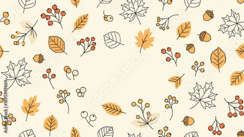 Seamless autumn pattern features colorful fallen leaves berries and acorns on a soft cream background for seasonal design.