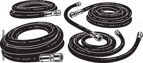 Black coiled hoses with silver fittings on white background