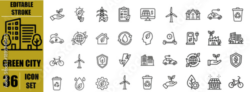 Green City Line Icons Set – Eco-Friendly Buildings, Renewable Energy, Sustainable Transport, Green Spaces and Clean Environment Symbols, Editable Stroke Vector Outline Icons for Environmental, Smart C