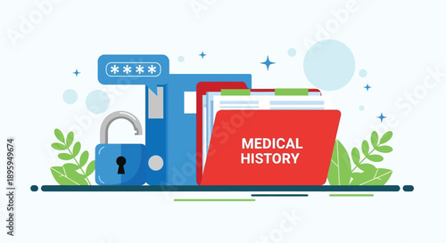 Illustration of a secure medical file setup, featuring a red "Medical History" folder, a closed lock, a password box, and decorative leaves.
