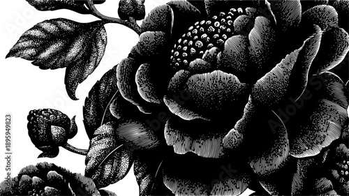 Intricate vector illustration of a dark, lush peony or rose flower. High-contrast black and white graphic engraving featuring detailed petal textures, leaves, and a budding flower on a clean white bac
