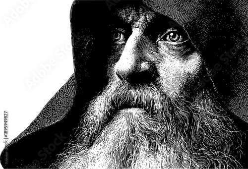 A powerful, high-contrast black-and-white engraving of an elderly man with a long, flowing grey beard and intense eyes, partially obscured by a dark hood.