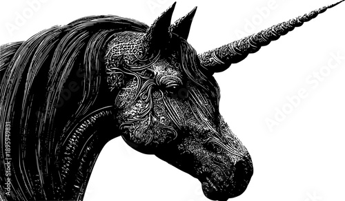 A powerful high-contrast vector illustration featuring the head of a dark unicorn in profile with a spiraled horn and thick, flowing mane.