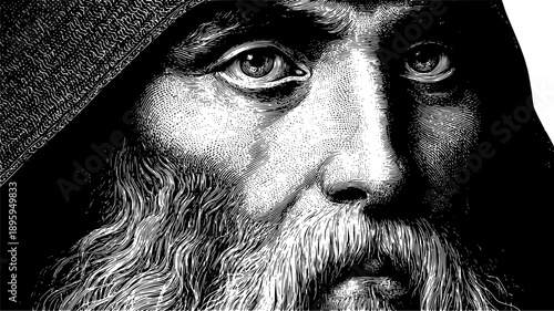 Detailed vector portrait of an elderly bearded man with an intense gaze, wearing a dark hood. High-contrast black and white graphic illustration focusing on facial texture and expressive eyes.