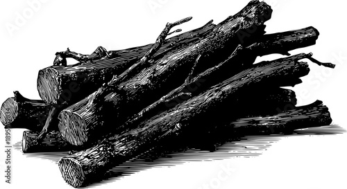 Realistic vector illustration of a pile of charred wooden logs and branches. High-contrast black and white graphic showing detailed wood texture, bark, and shadows on a white background.