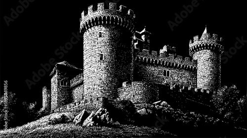 A dramatic, high-contrast black-and-white ink illustration of a formidable stone fortress with massive cylindrical watchtowers and crenellated battlements, set atop a rocky hill against a solid black 