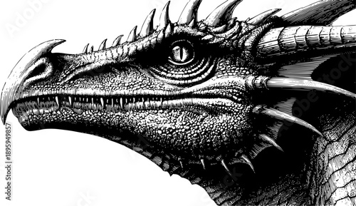 Intricate vector illustration of a majestic dragon head in profile. Detailed black and white graphic engraving featuring sharp horns, thick scales, and a powerful reptilian gaze.