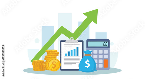 Illustration of financial growth with an upward green arrow, coins, a bar chart on a clipboard, a blue money bag, and a calculator suggesting profitability.