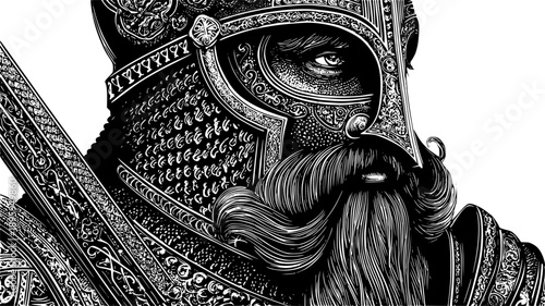 Intricate vector illustration of a bearded Viking warrior wearing a highly detailed ceremonial helmet and chainmail armor. Black and white graphic portrait of a fierce Norse soldier with a mustache.