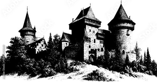 A high-contrast black-and-white ink illustration of a massive stone medieval castle with multiple cylindrical towers and conical roofs, nestled among a dense forest of evergreen trees.