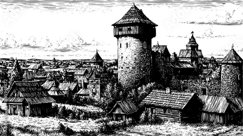 A wide-angle black-and-white ink illustration of a medieval walled city, dominated by a large stone cylindrical watchtower in the foreground and various gabled wooden buildings 
