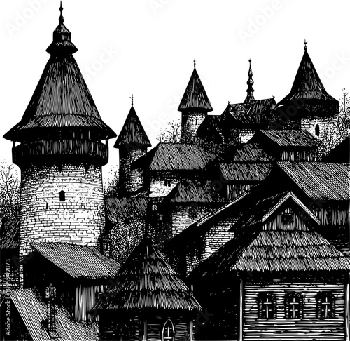 A detailed black-and-white ink illustration of a medieval fortified town or monastery, featuring a tall stone watchtower and a dense cluster of timber-framed buildings with steep, gabled roofs.