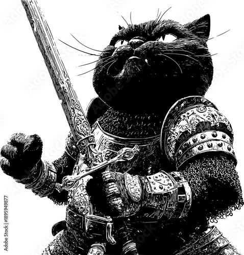 A dramatic, high-contrast black-and-white ink illustration of a fierce black cat dressed as a medieval knight, wearing intricate plate armor and holding a large sword in a defensive stance.