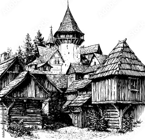 A detailed black-and-white ink illustration of a cluster of medieval wooden buildings and log cabins, dominated by a tall central watchtower with a conical roof and a wrap-around balcony.