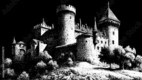 A high-contrast black-and-white ink illustration of a massive stone medieval castle perched on a hill, featuring multiple cylindrical towers with crenellations and a large central keep