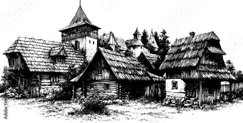A detailed black-and-white ink illustration of a medieval village settlement featuring several timber-framed houses with steep thatched roofs and a central wooden watchtower.