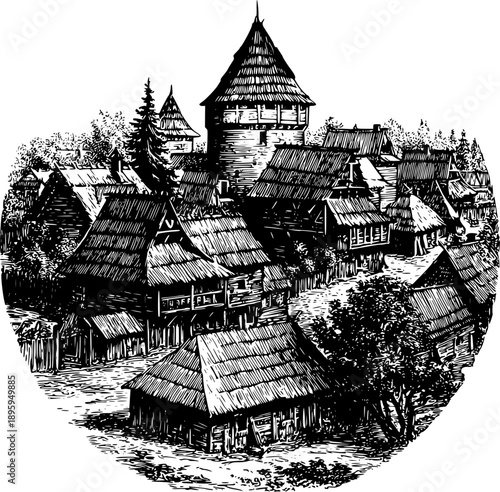 A nostalgic, high-contrast vector illustration of a medieval village or fortress, featuring wooden houses with thatched roofs and a prominent central stone tower.