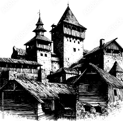 A detailed black-and-white ink illustration of a medieval fortress or fortified manor house, featuring wooden towers with conical roofs and surrounding log buildings.
