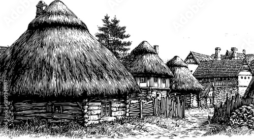 A detailed black-and-white ink illustration of a rustic medieval village featuring traditional thatched-roof cottages and log structures along a dirt path.