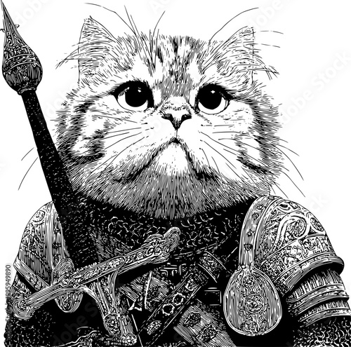 Detailed vector illustration of a brave cat warrior wearing ornate knight armor and holding a spear. Black and white graphic portrait of a fluffy feline soldier in medieval fantasy style.