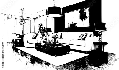 A high-contrast black-and-white architectural sketch of a sleek, modern living room featuring a long sofa, a large rectangular ottoman, and a minimalist pendant light over the central seating area.