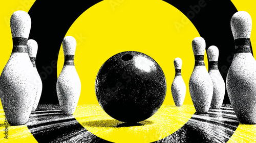 Black bowling ball amidst white pins on yellow background, surrounded by black arcs and a bowling lane